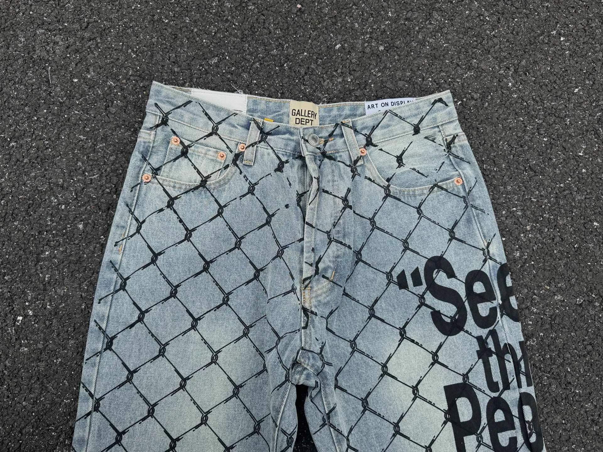 P240💰G786 GALLERY DEPT. Steel mesh letter printed slim jeans jeans casual group trendy American slim men's and women's trousers Color: blue Size: S-XXL (corresponding to 28-36)
